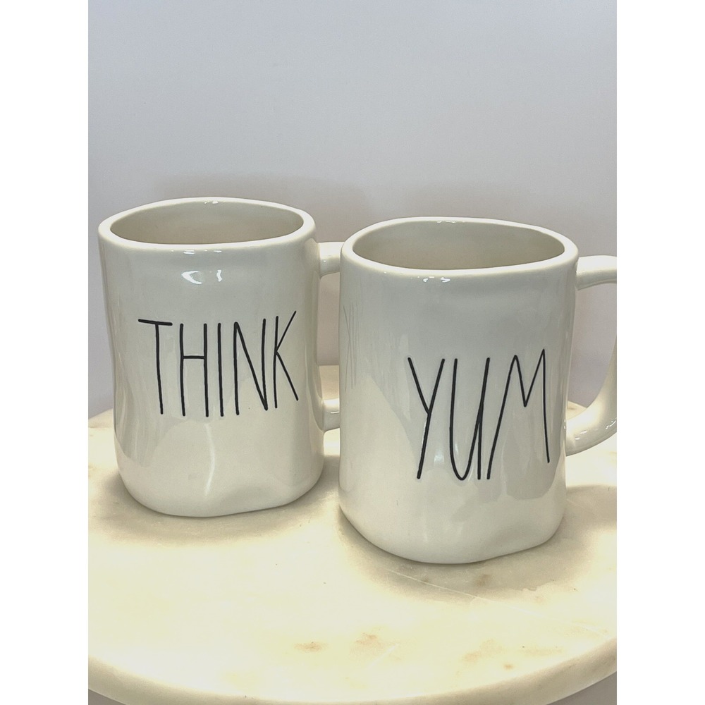 Rae Dunn "THINK & YUM" Mug Set Of 2, Artisan Collection By Magenta-White/Black